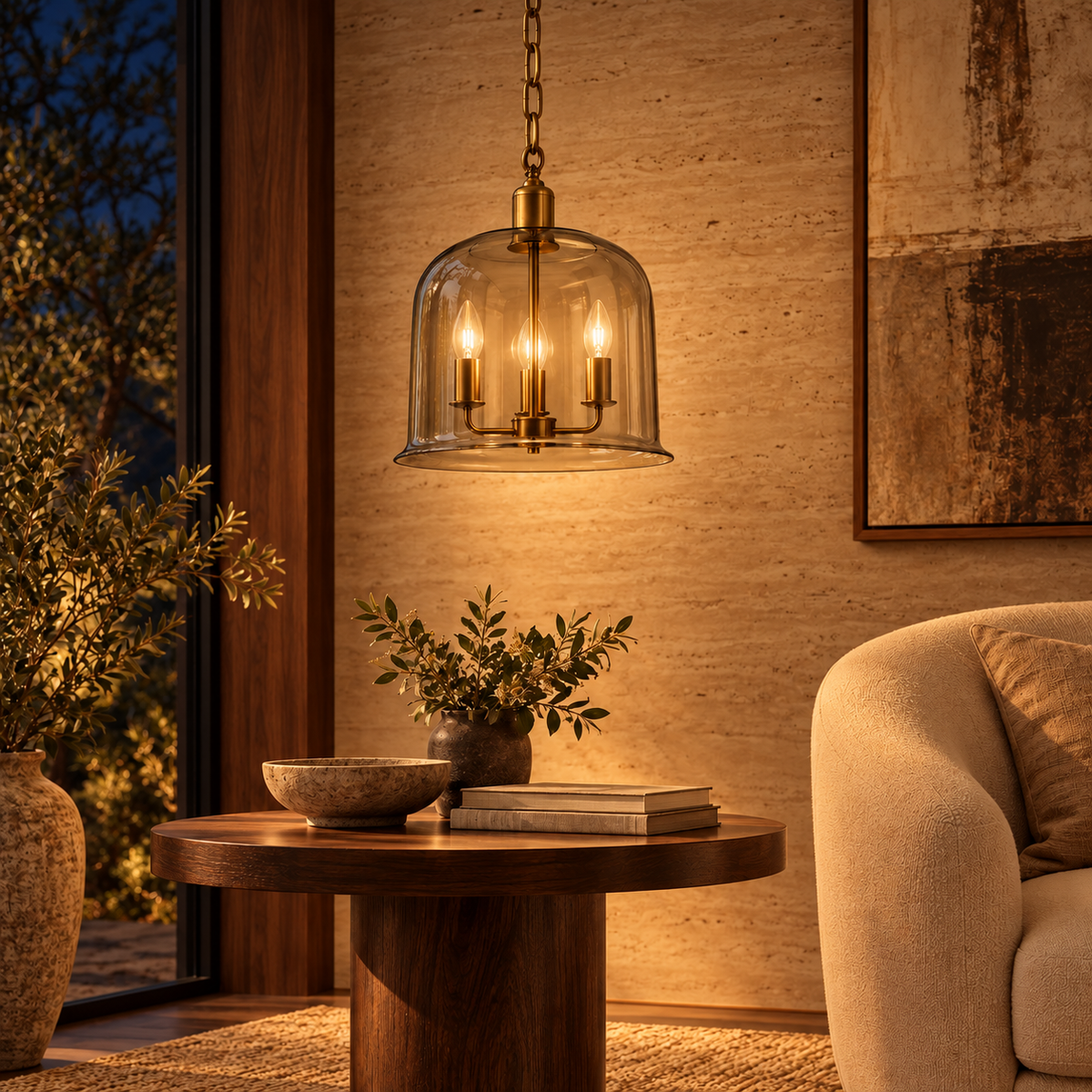 Smoke Glass Three-Light Bell Pendant, illuminated in a nighttime interior