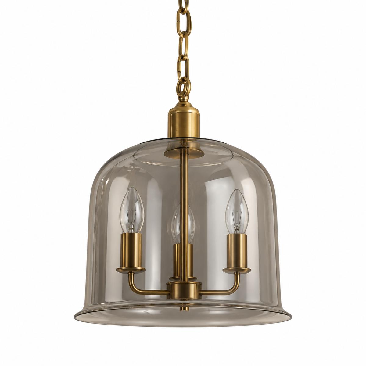 Smoke Glass Three-Light Bell Pendant, unlit studio view
