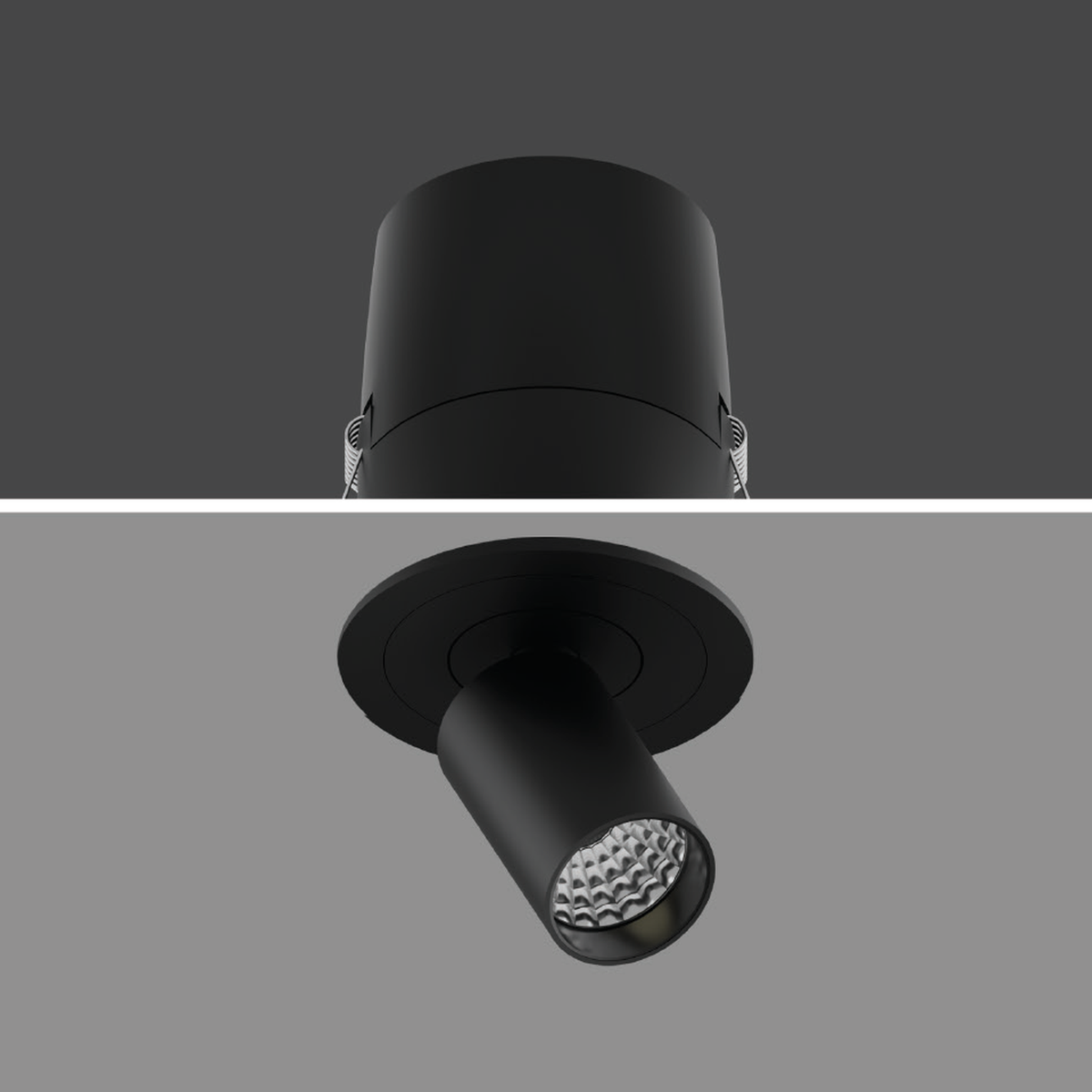SNOOP 5W black-body recessed spotlight with projecting cylindrical head in its original cutaway ceiling installation reference; white-body image unavailable.