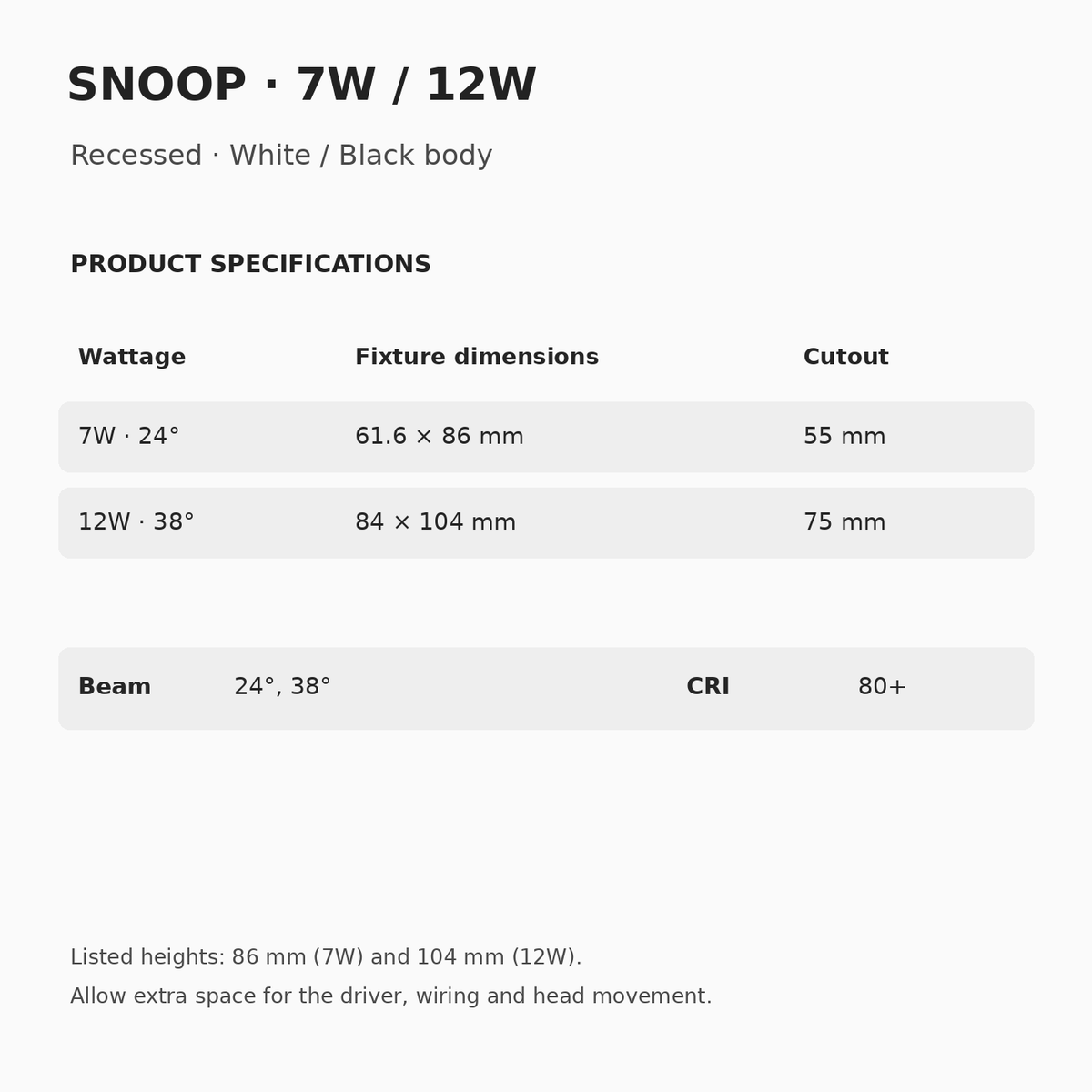 SNOOP specifications: 7W, 61.6 × 86 mm, 55 mm cutout and 24° beam; 12W, 84 × 104 mm, 75 mm cutout and 38° beam. CRI 80+.