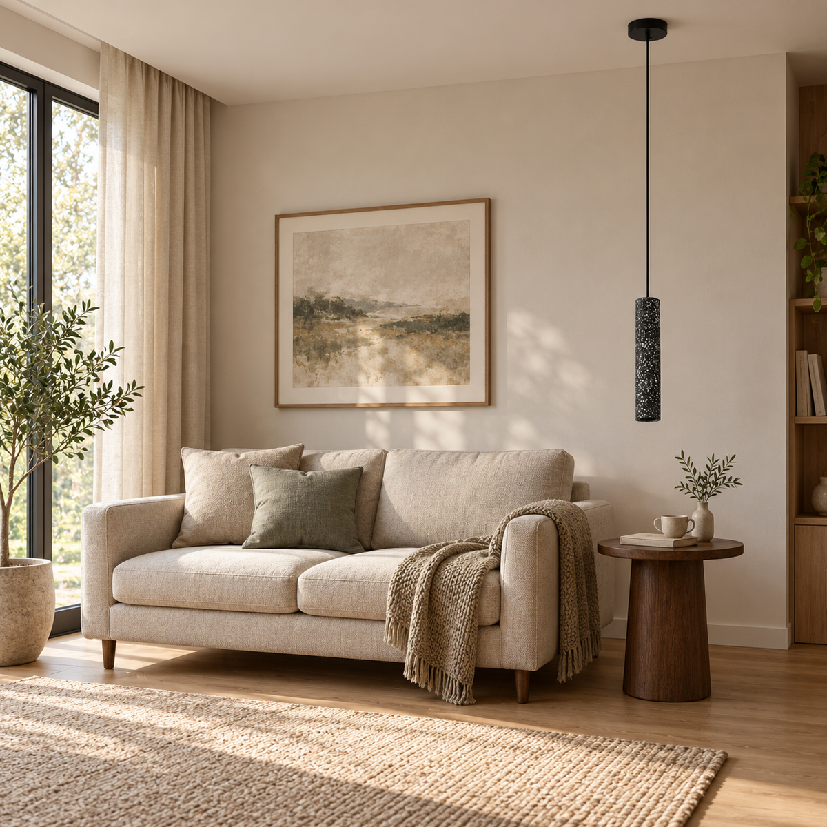 Speckle Black Cylinder Pendant Light, daylight interior, light off