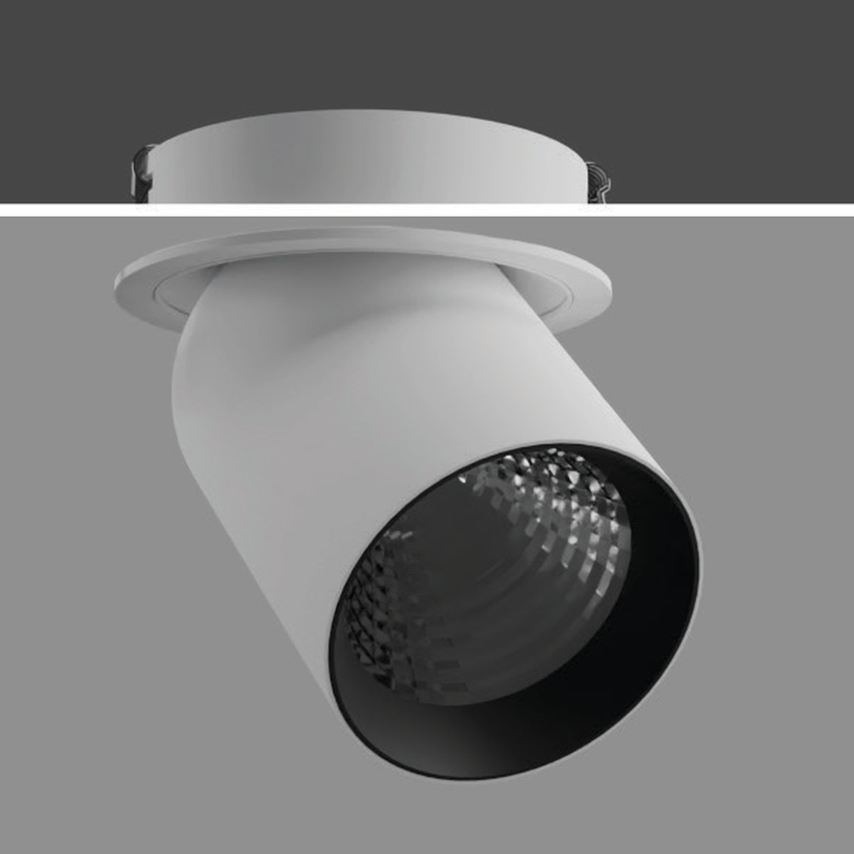 STOUT white-body recessed spotlight family reference with original cylindrical light head, optical surface and round trim; exact photographed wattage and black-body photo unavailable.