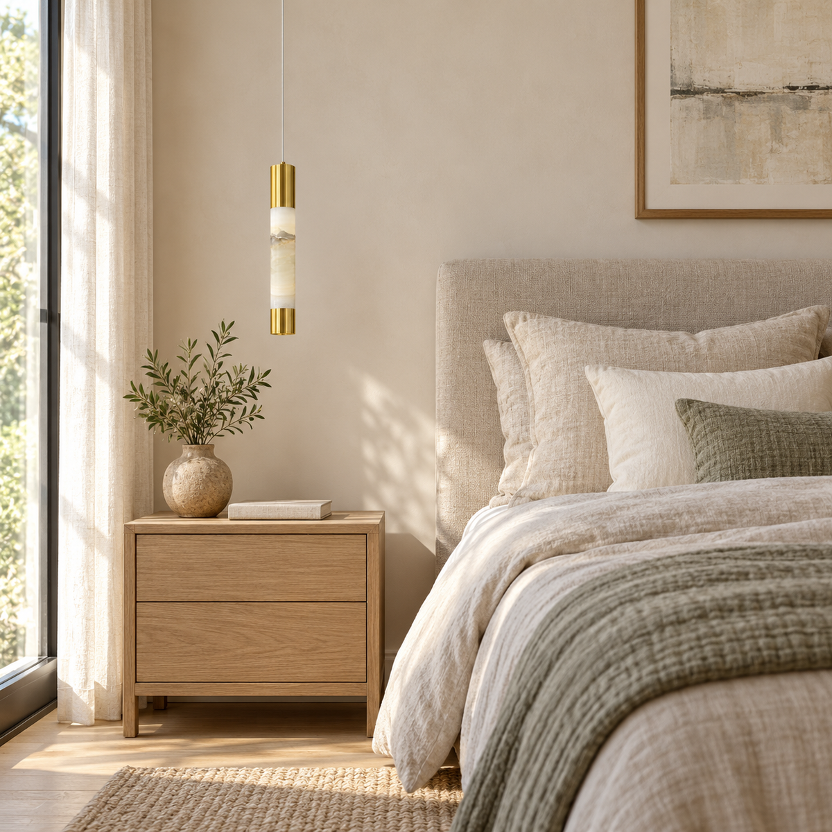 Strata Stone Cylinder Pendant Light, daylight interior, light off