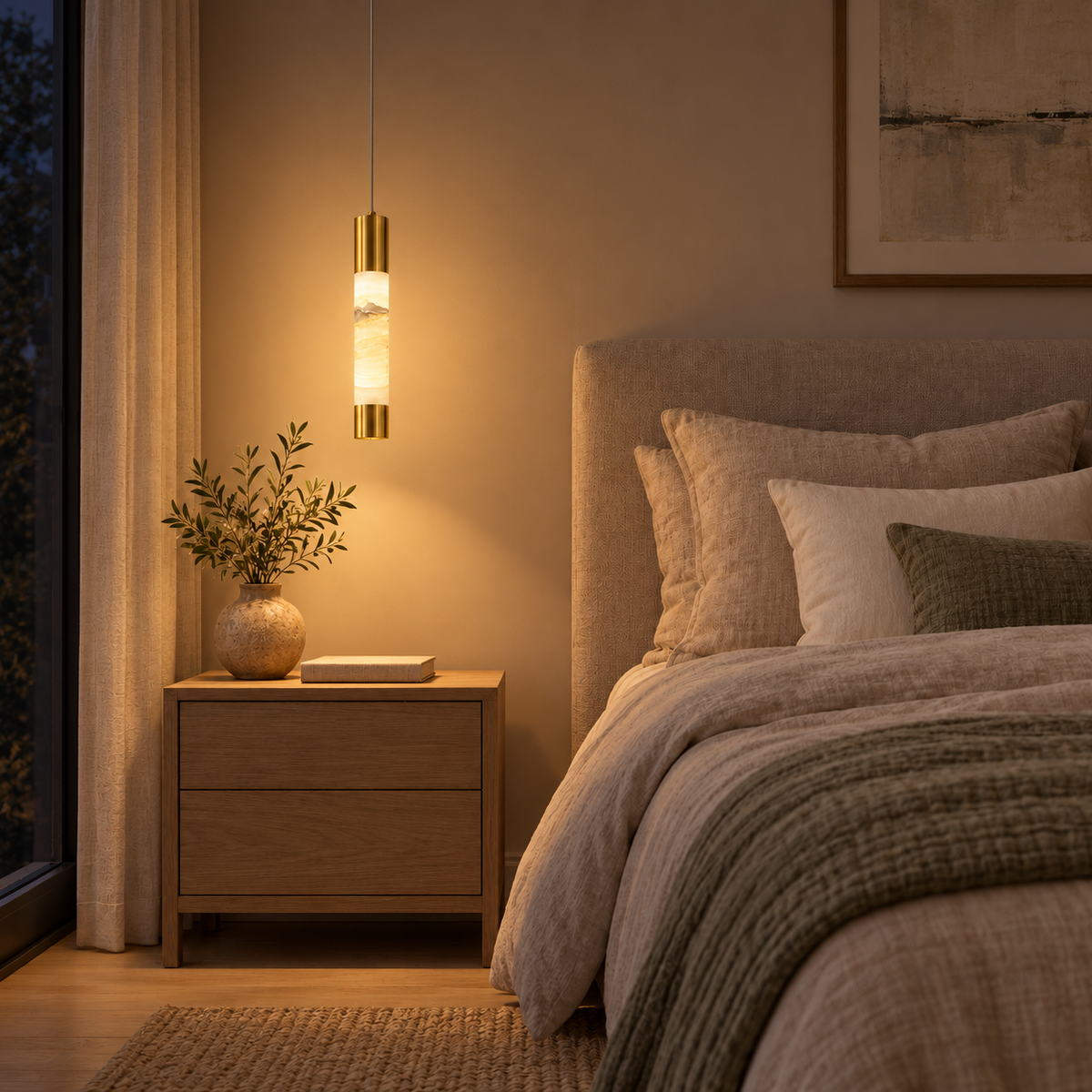 Strata Stone Cylinder Pendant Light, evening interior, light on