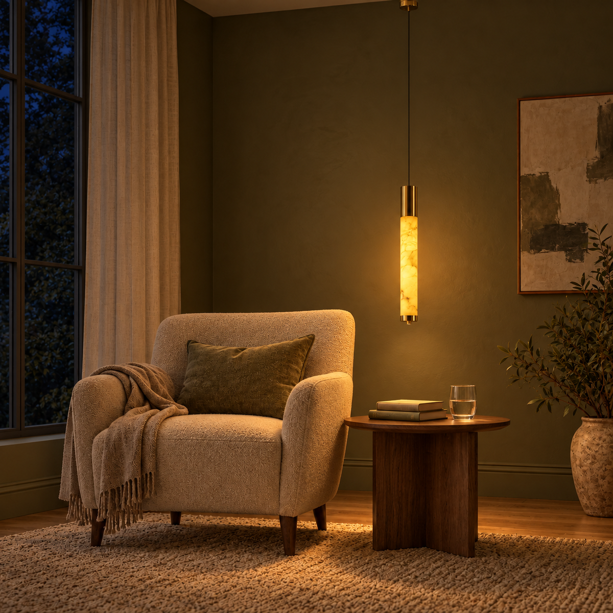 Stria Faux-Stone Column Pendant Light, evening interior, light on