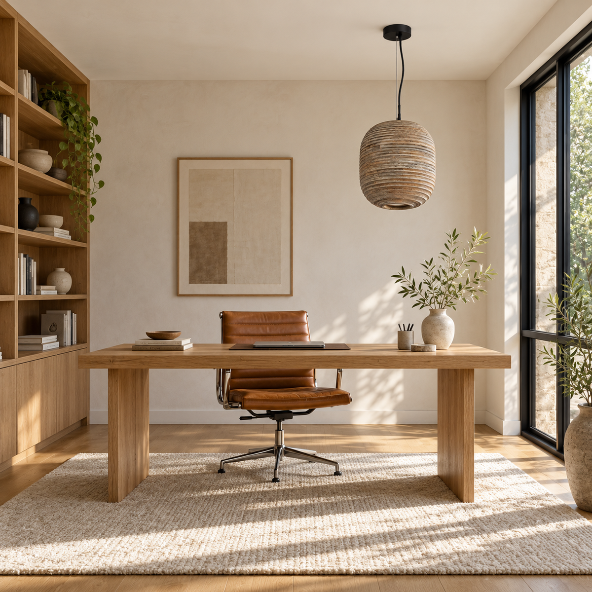 Sylvan Ribbed Wood Barrel Pendant Light – daylight interior, light off