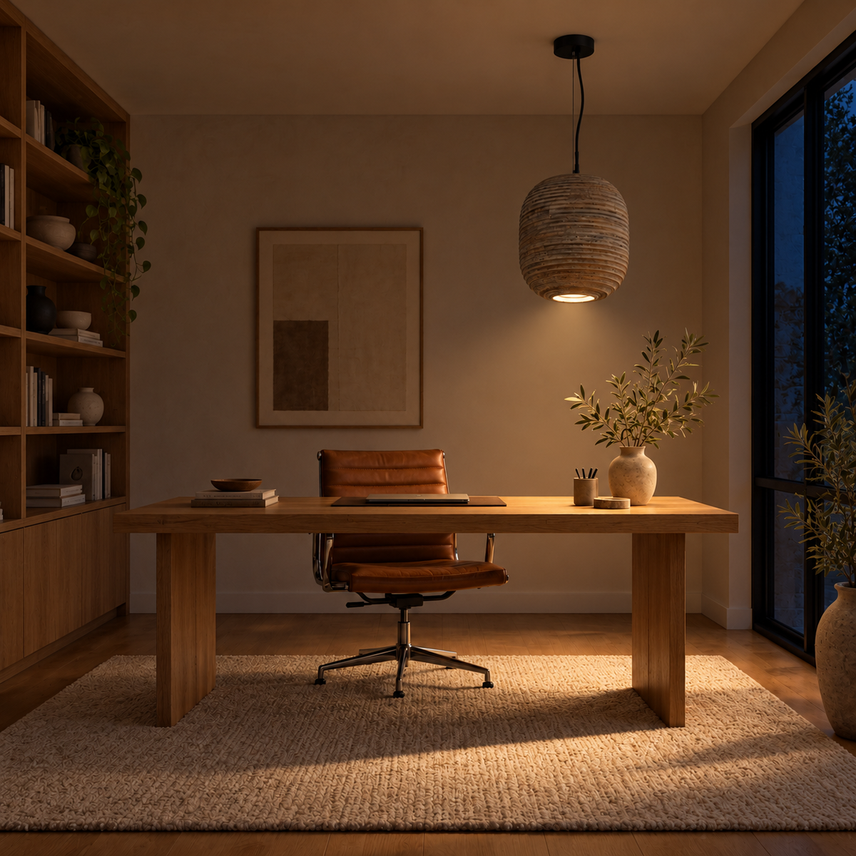 Sylvan Ribbed Wood Barrel Pendant Light – evening interior, light on