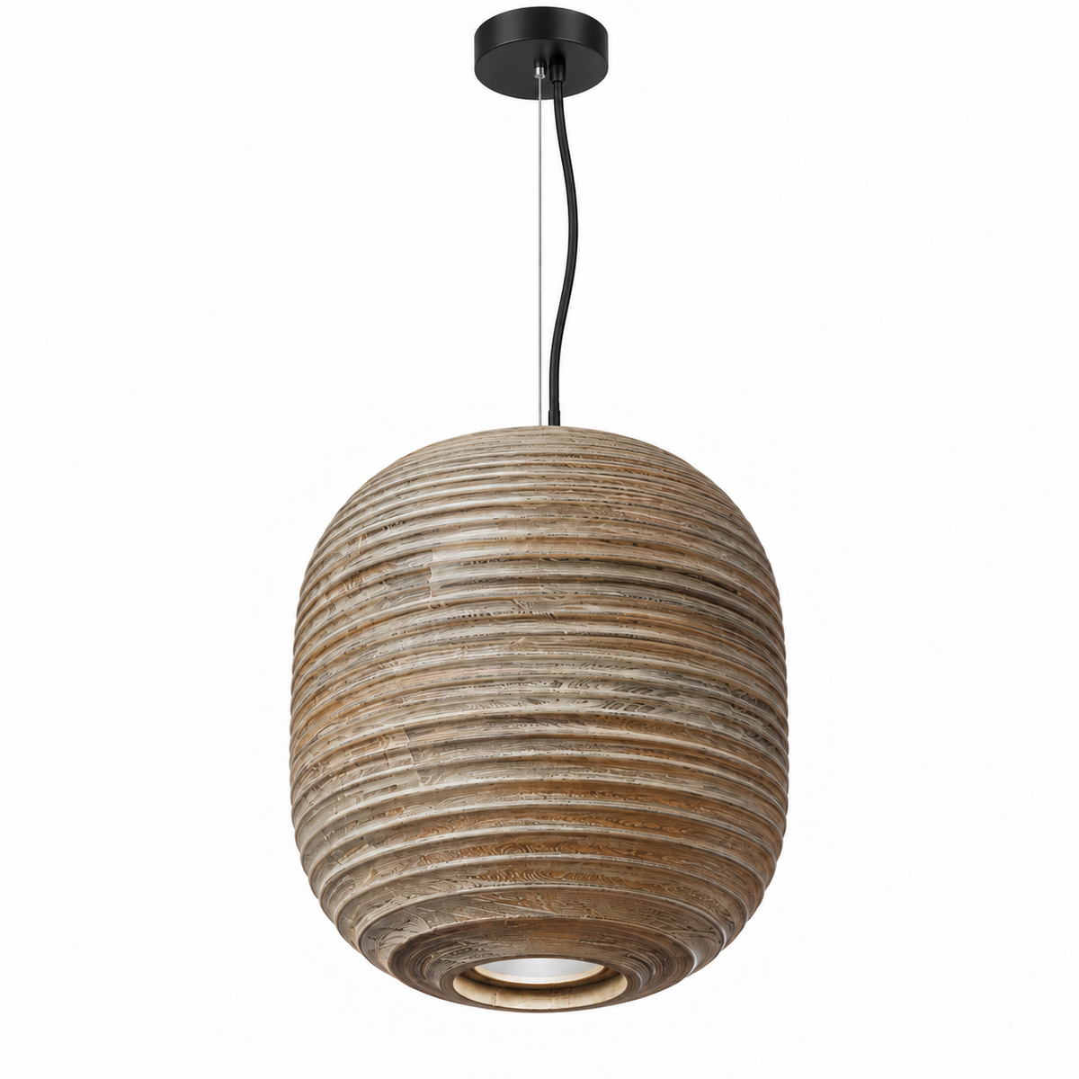 Sylvan Ribbed Wood Barrel Pendant Light – studio view on white