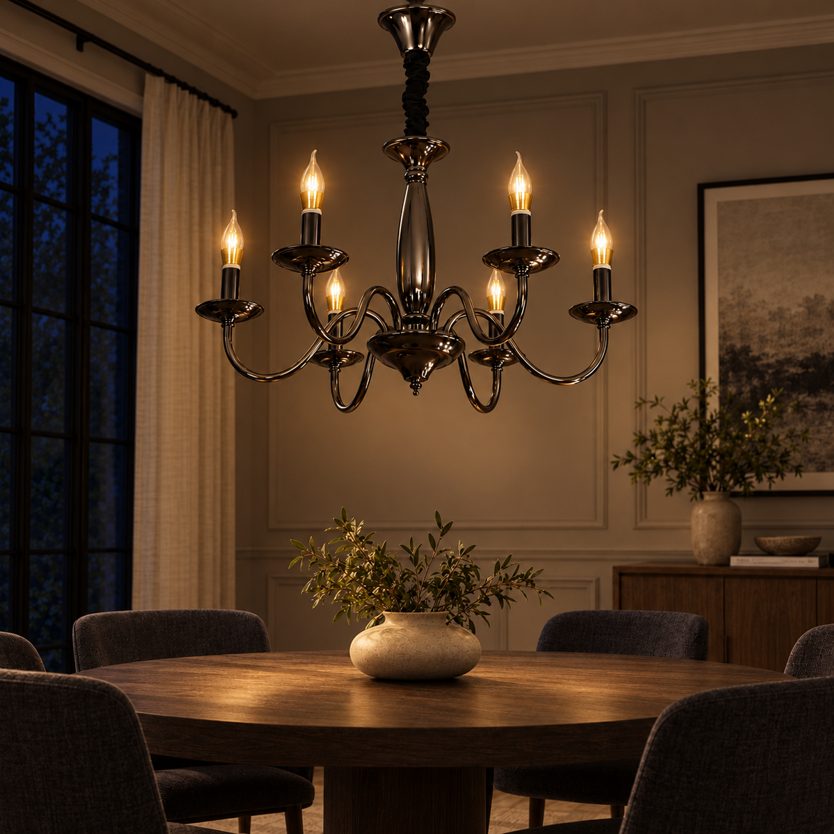 SYLVENNE-S PBK 6-light chandelier illuminated in a dining room at night