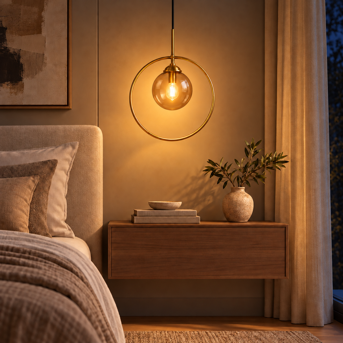 Tea Glass Globe & Brass-Tone Ring Pendant, illuminated in a nighttime interior