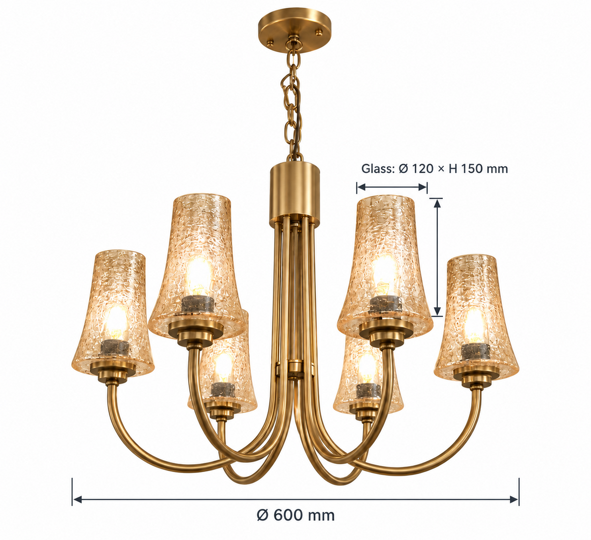 Tea glass six-light chandelier dimensions, Ø600 mm with glass Ø120 × H150 mm