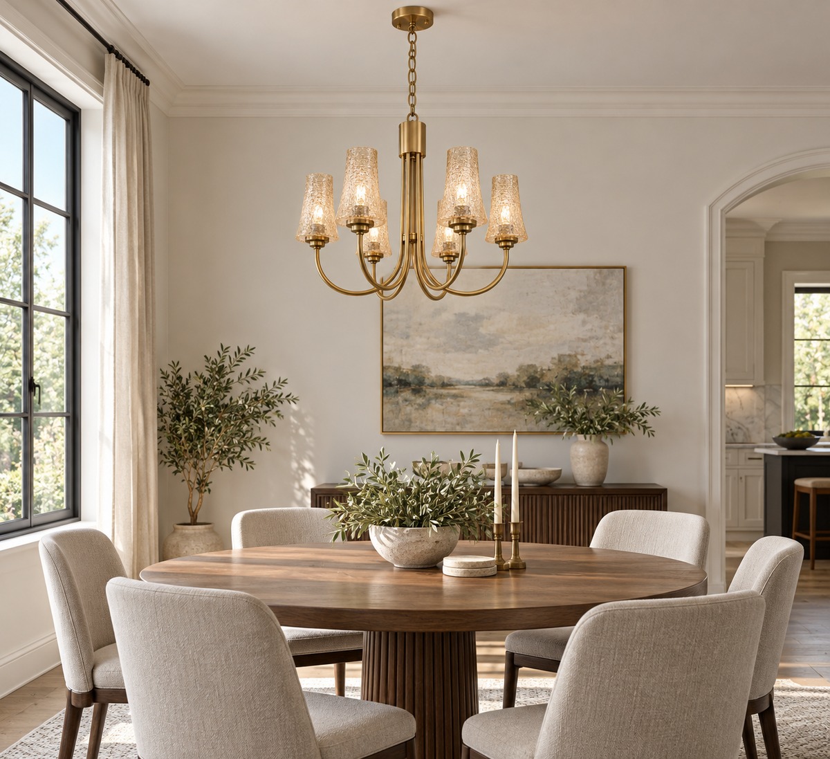 Tea glass six-light chandelier in a bright dining room interior