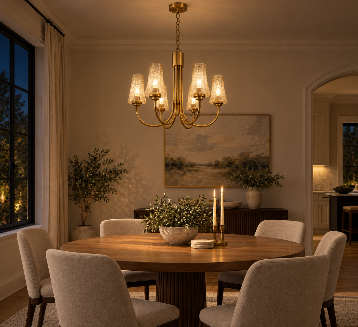 Tea glass six-light chandelier in a warm dining room at night