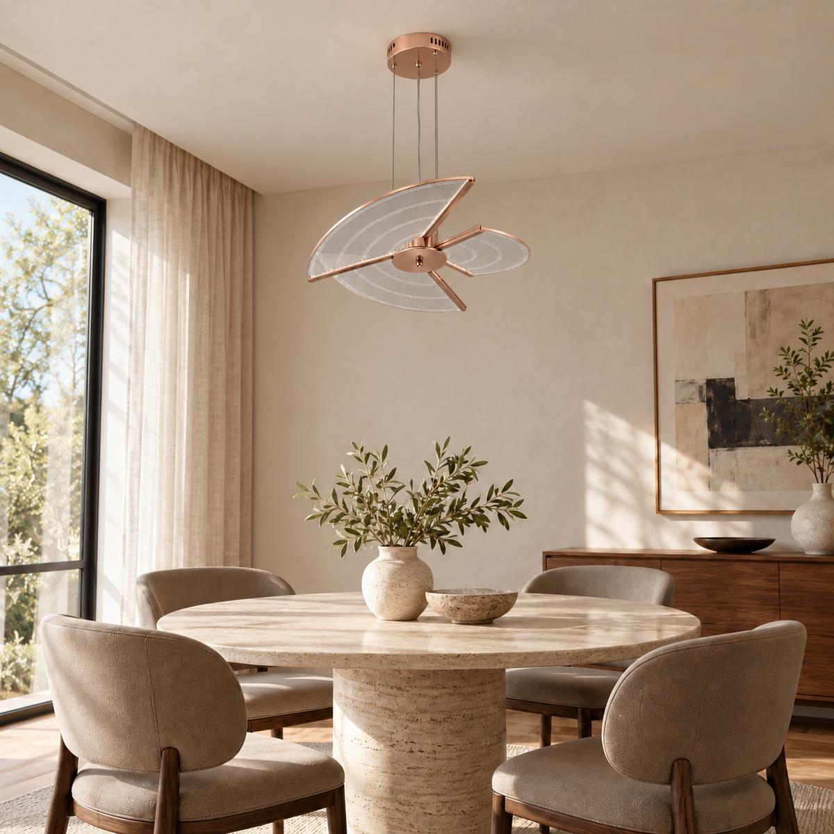 Three-Leaf Acrylic Chandelier, unlit in a daytime interior