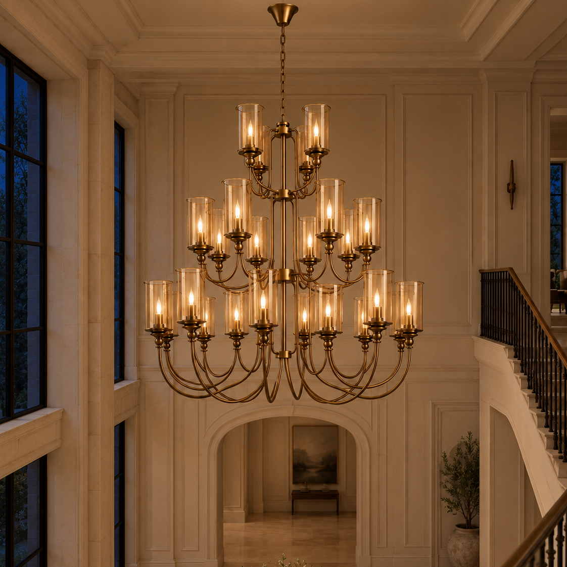 Three-tier amber cylinder glass AB chandelier in a grand interior at night