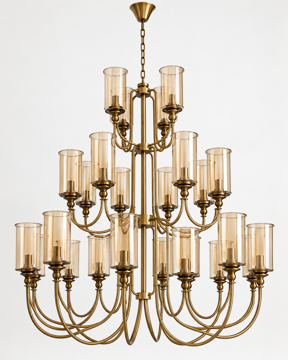Three-tier amber cylinder glass AB chandelier on a clean white background