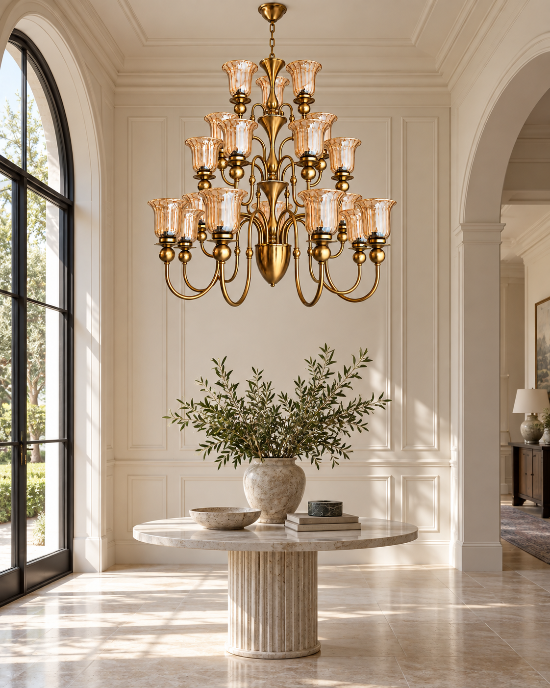 Three-tier amber glass AB chandelier in a bright interior