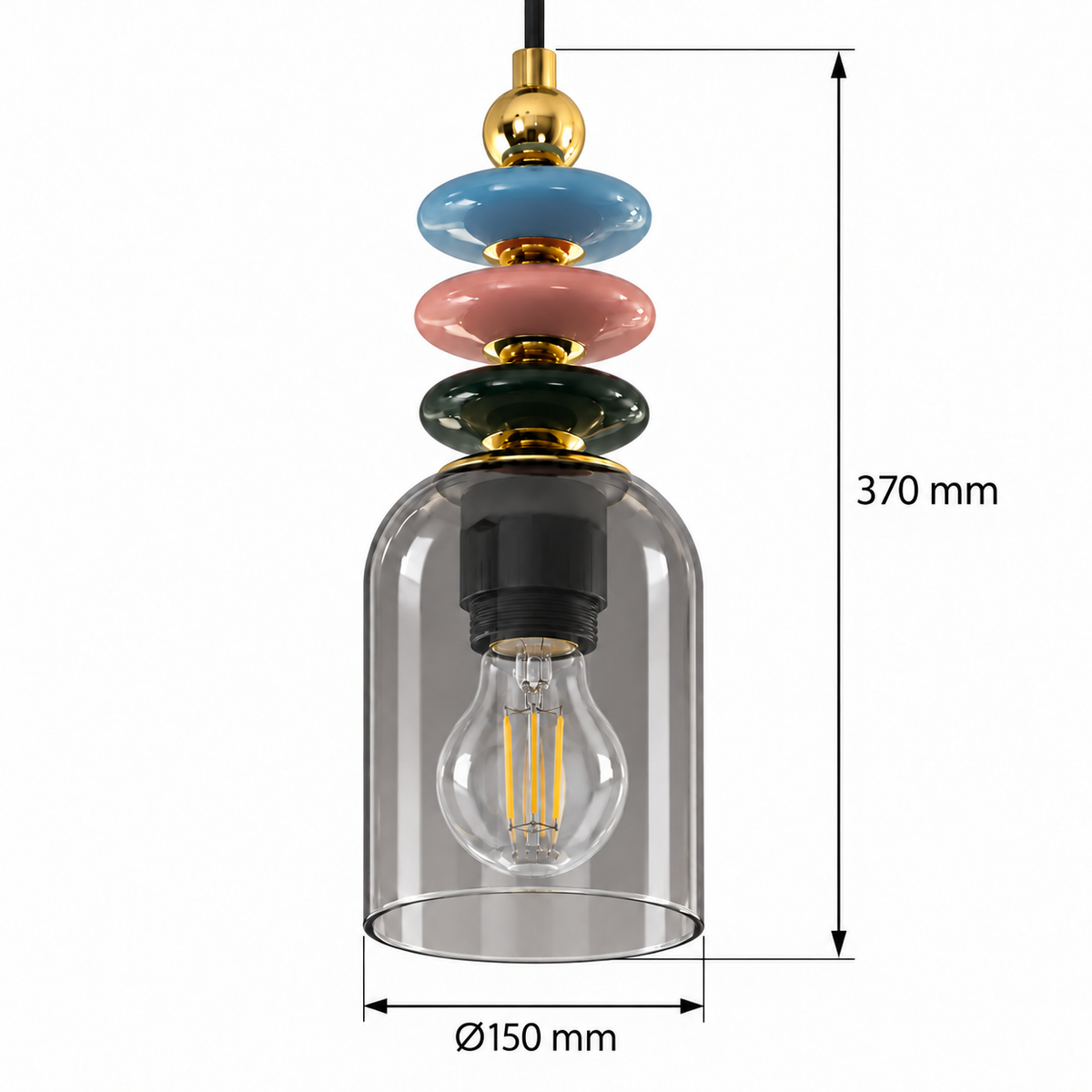 Totema Large Ceramic & Smoke-Toned Pendant Light, confirmed dimension diagram
