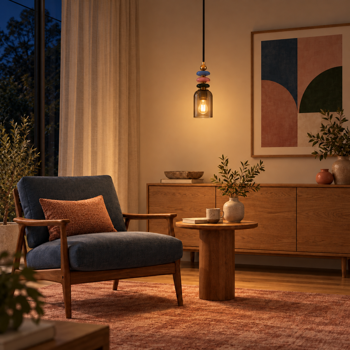 Totema Large Ceramic & Smoke-Toned Pendant Light, evening interior, light on