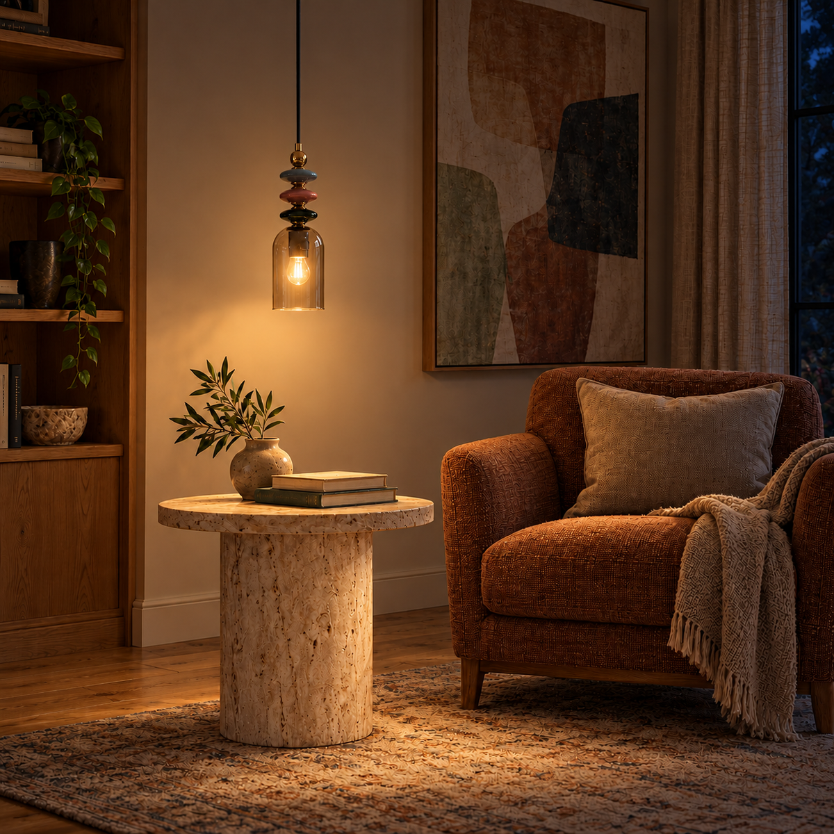 Totema Small Ceramic & Smoke-Toned Pendant Light, evening interior, light on