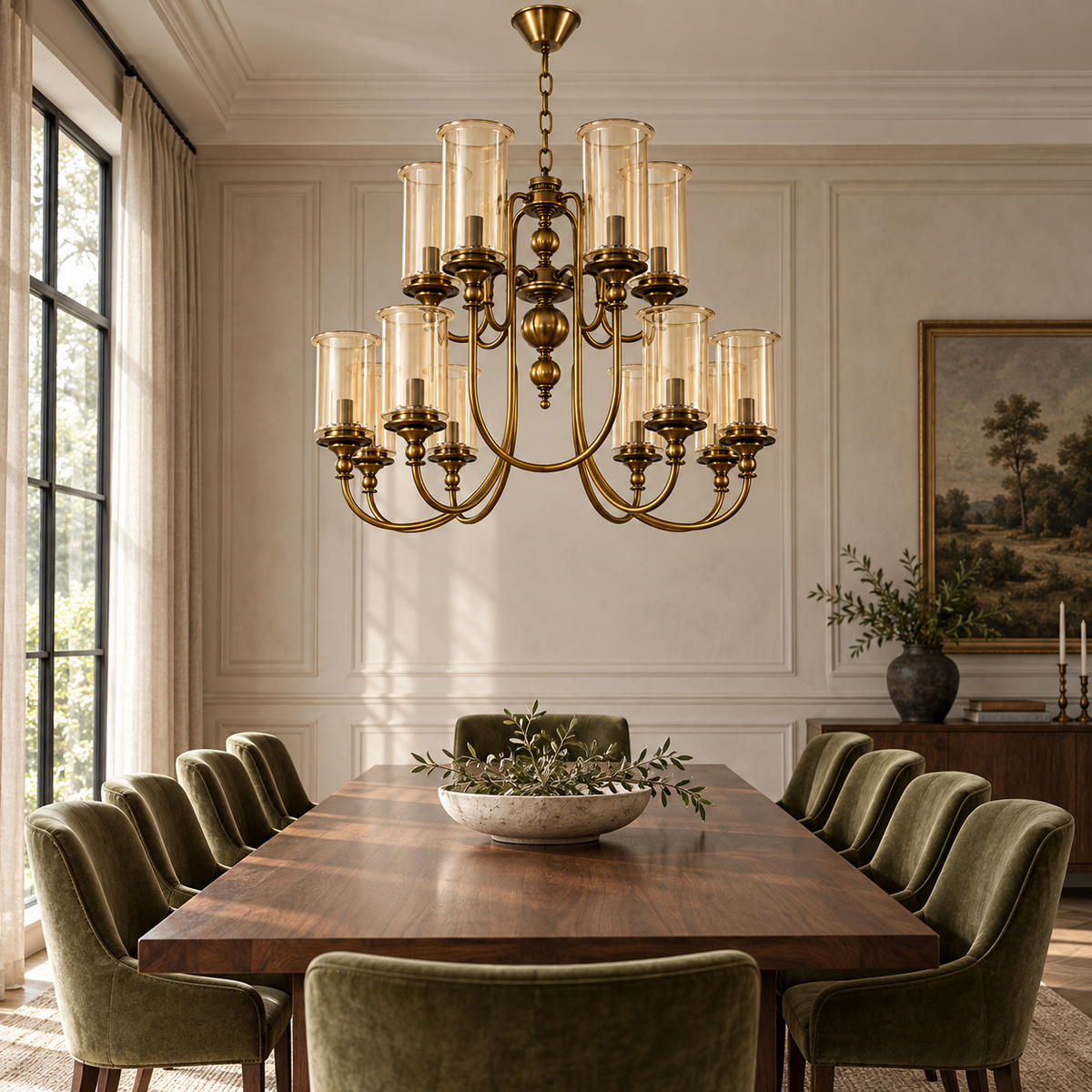 Two-tier amber cylinder glass AB chandelier in a bright dining room