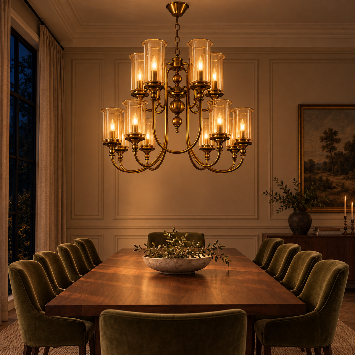 Two-tier amber cylinder glass AB chandelier in a warm dining room at night