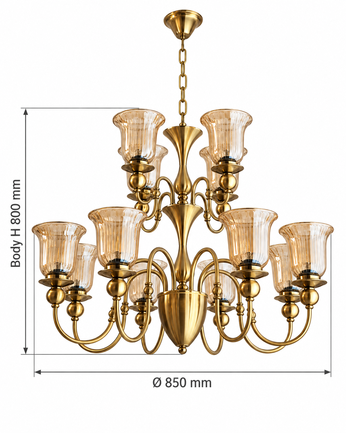 Two-tier fluted glass chandelier dimensions, Ø850 mm and body H800 mm