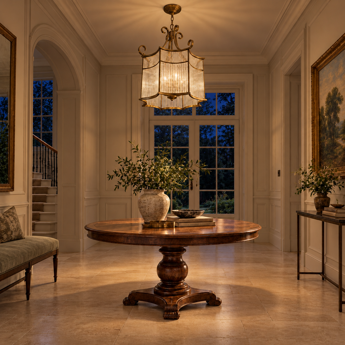 Vespera Scalloped Brass & Clear Glass Lantern – evening interior, light on