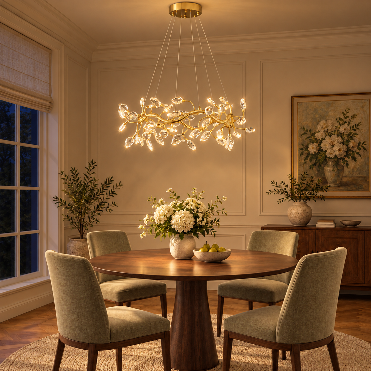 Vinea Crystal Leaf Chandelier, evening interior, light on