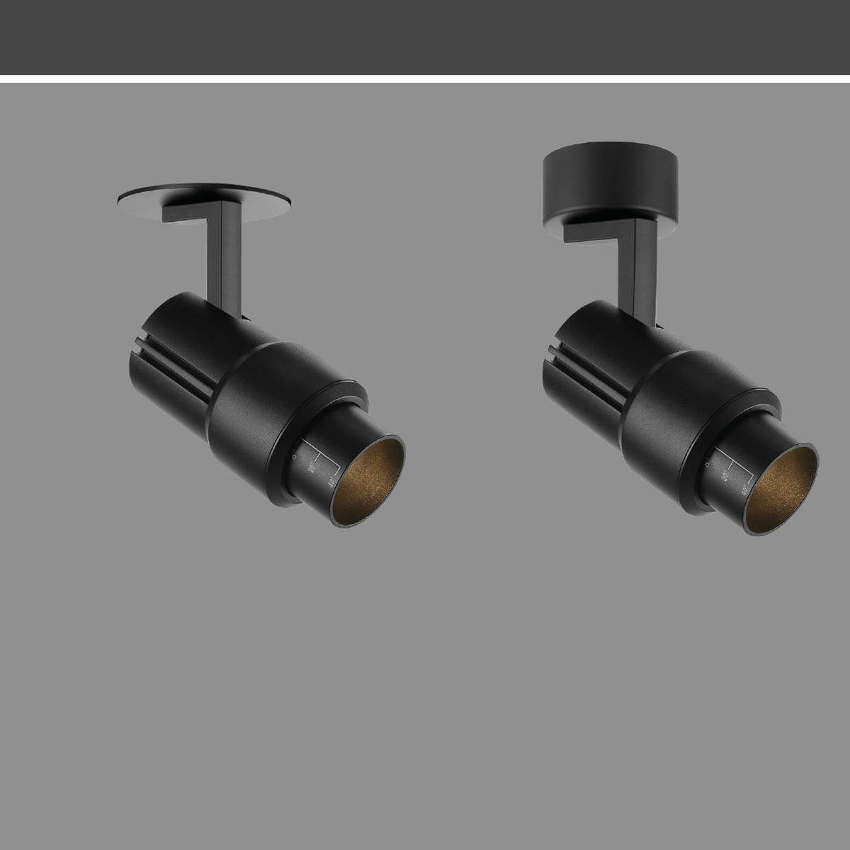 Original VORTEX-C/SF black-body family reference showing flush-plate and surface-canopy forms with the original zoom lens geometry; wattage and mounting components require confirmation.