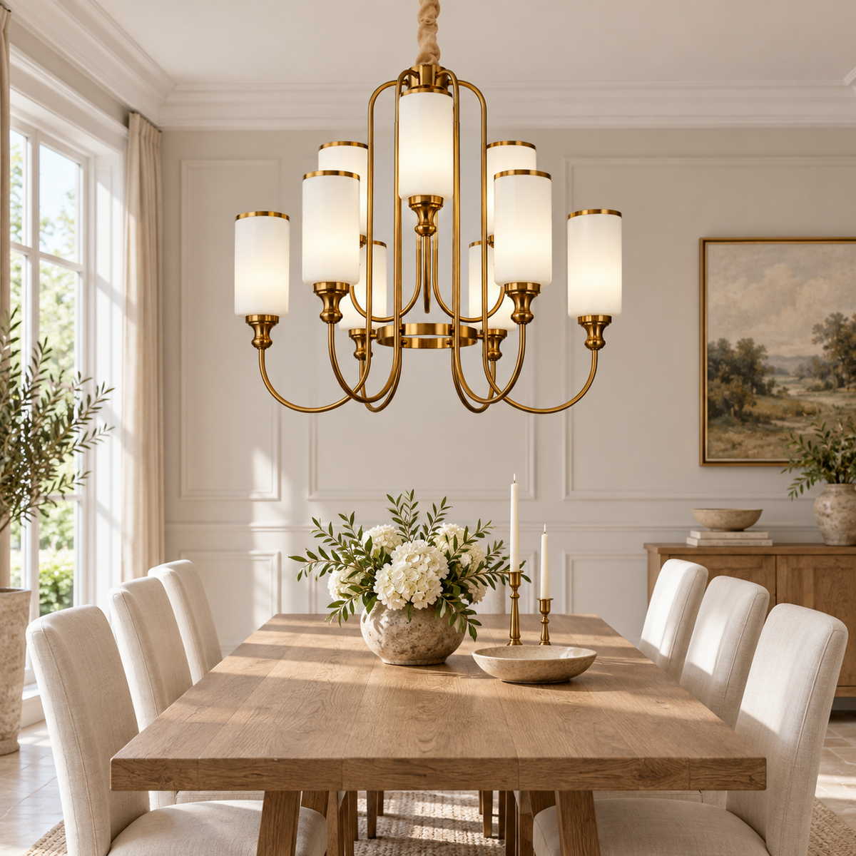 White glass brass chandelier in a bright dining room