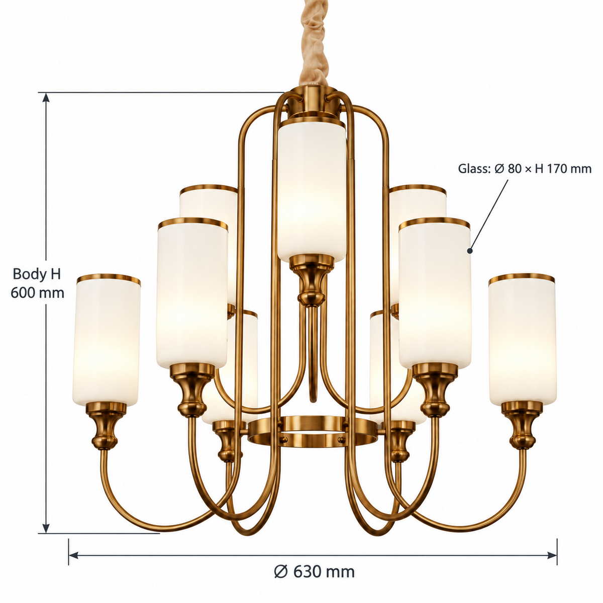 White glass brass chandelier dimensions, Ø630 mm body H600 mm and glass Ø80 × H170 mm