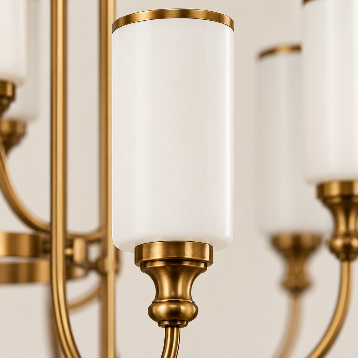 Close-up of white cylindrical glass shade and brass detailing