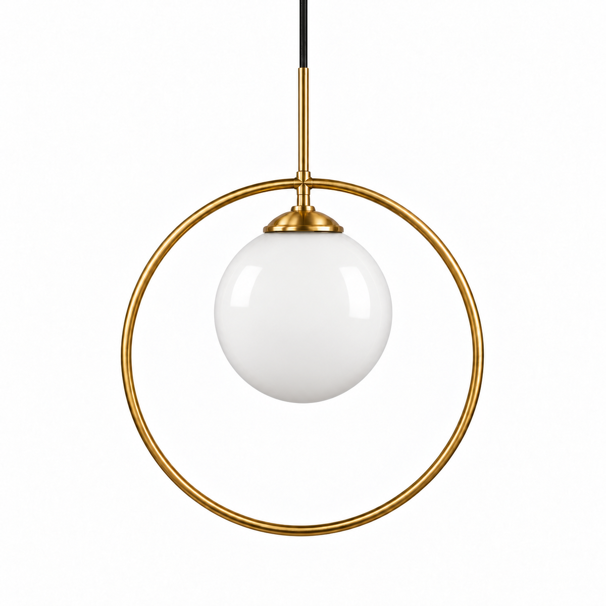 White Glass Globe & Brass-Tone Ring Pendant, unlit studio view