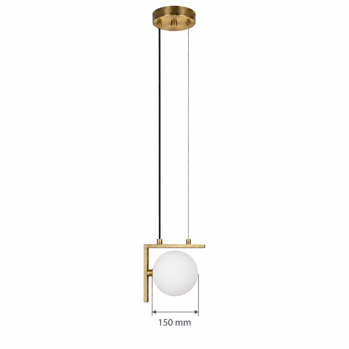 White Glass Globe & Iron Frame Pendant, dimension diagram showing glass globe diameter 150 mm
