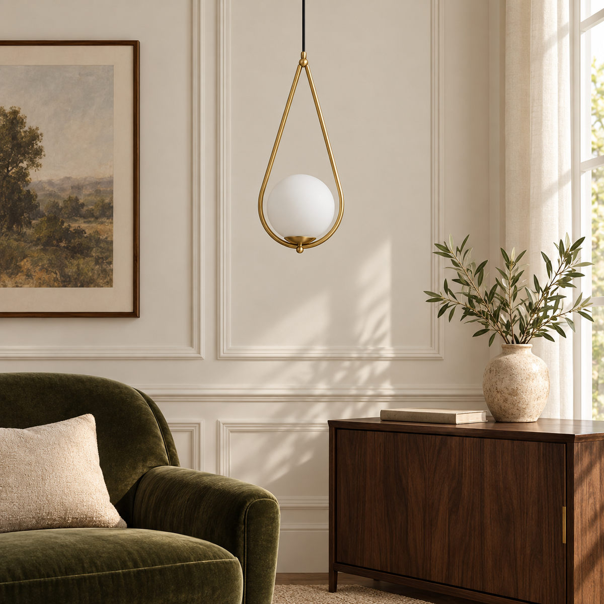 White Glass Teardrop Frame Pendant, unlit in a daytime interior