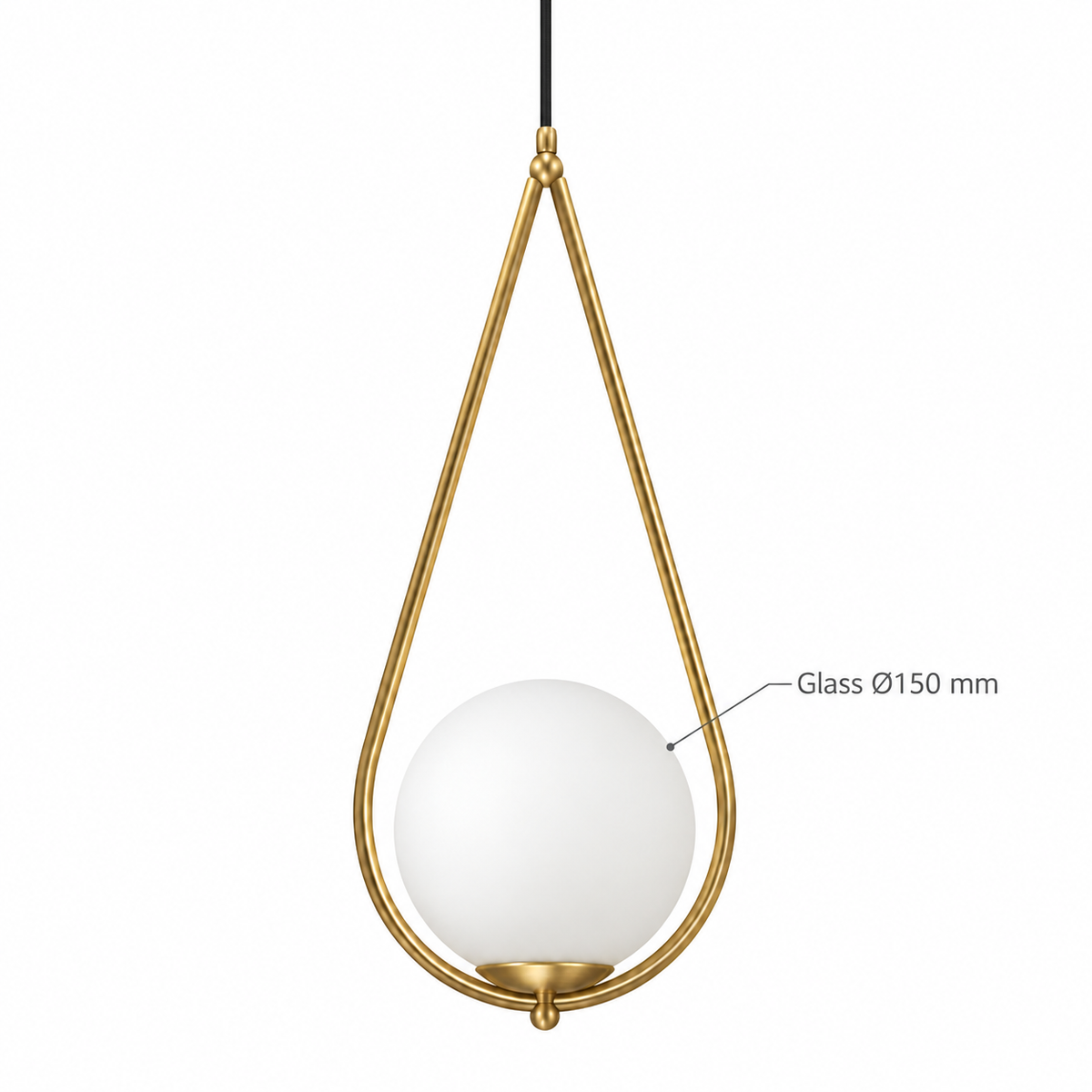 White Glass Teardrop Frame Pendant, dimension diagram; Glass globe diameter only: 150 mm. Frame dimensions and suspension drop are not specified.