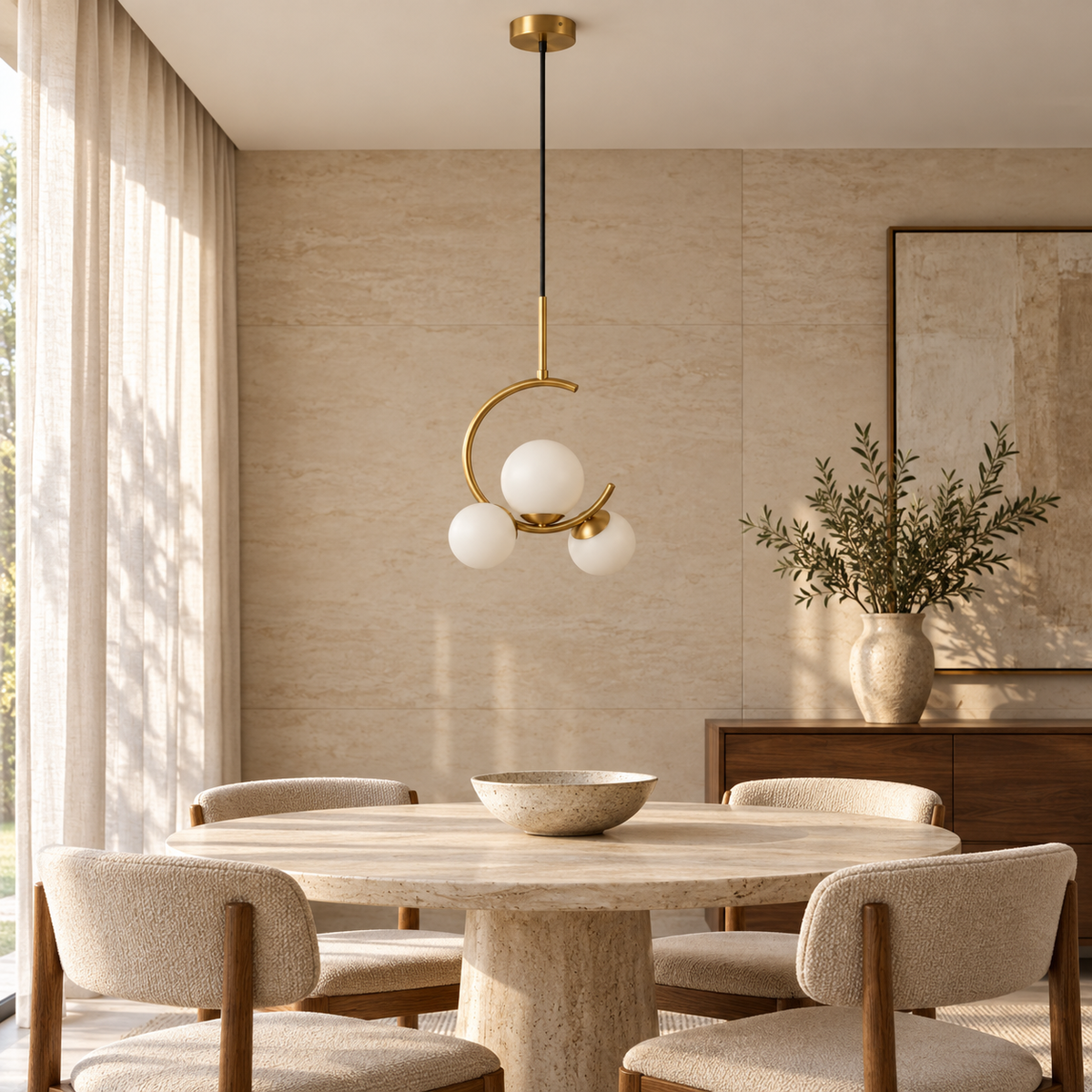 White Glass Three-Globe Open-Hoop Pendant, unlit in a daytime interior