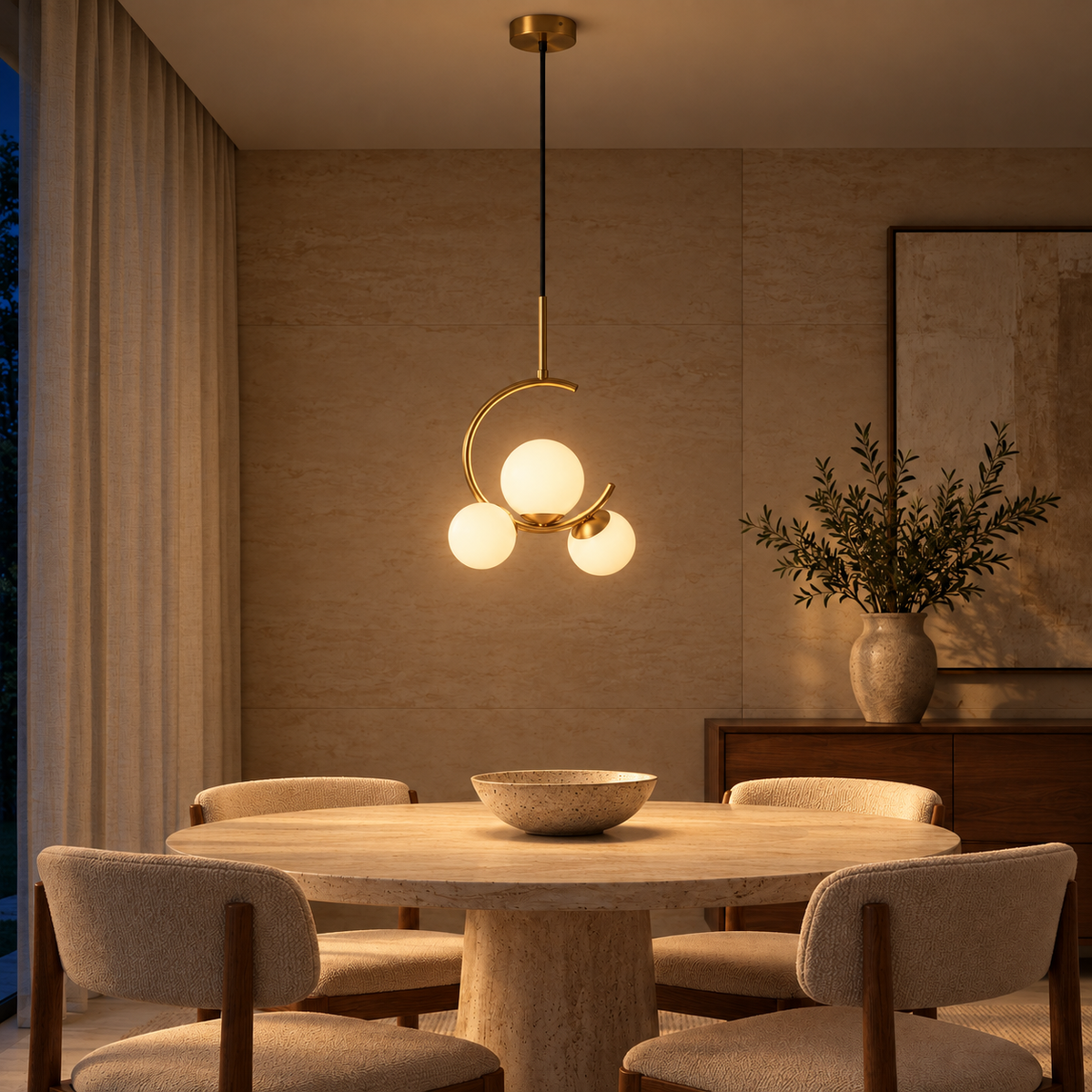 White Glass Three-Globe Open-Hoop Pendant, illuminated in a nighttime interior