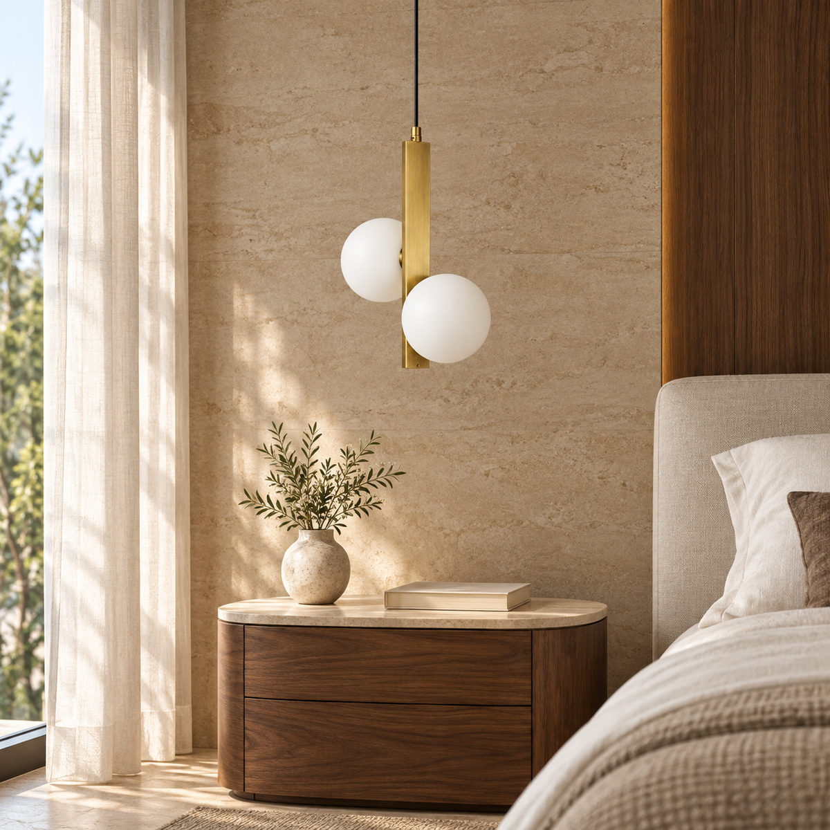 White Glass Twin-Globe Bar Pendant, unlit in a daytime interior