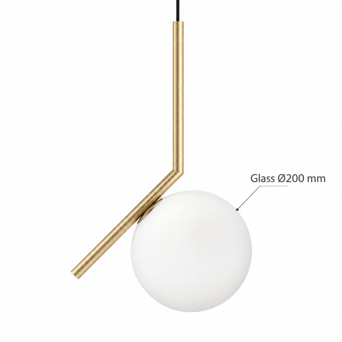 White Globe & Angled Stem Pendant, dimension diagram; White globe diameter only: 200 mm. The stem, overall height and suspension drop are not dimensioned.