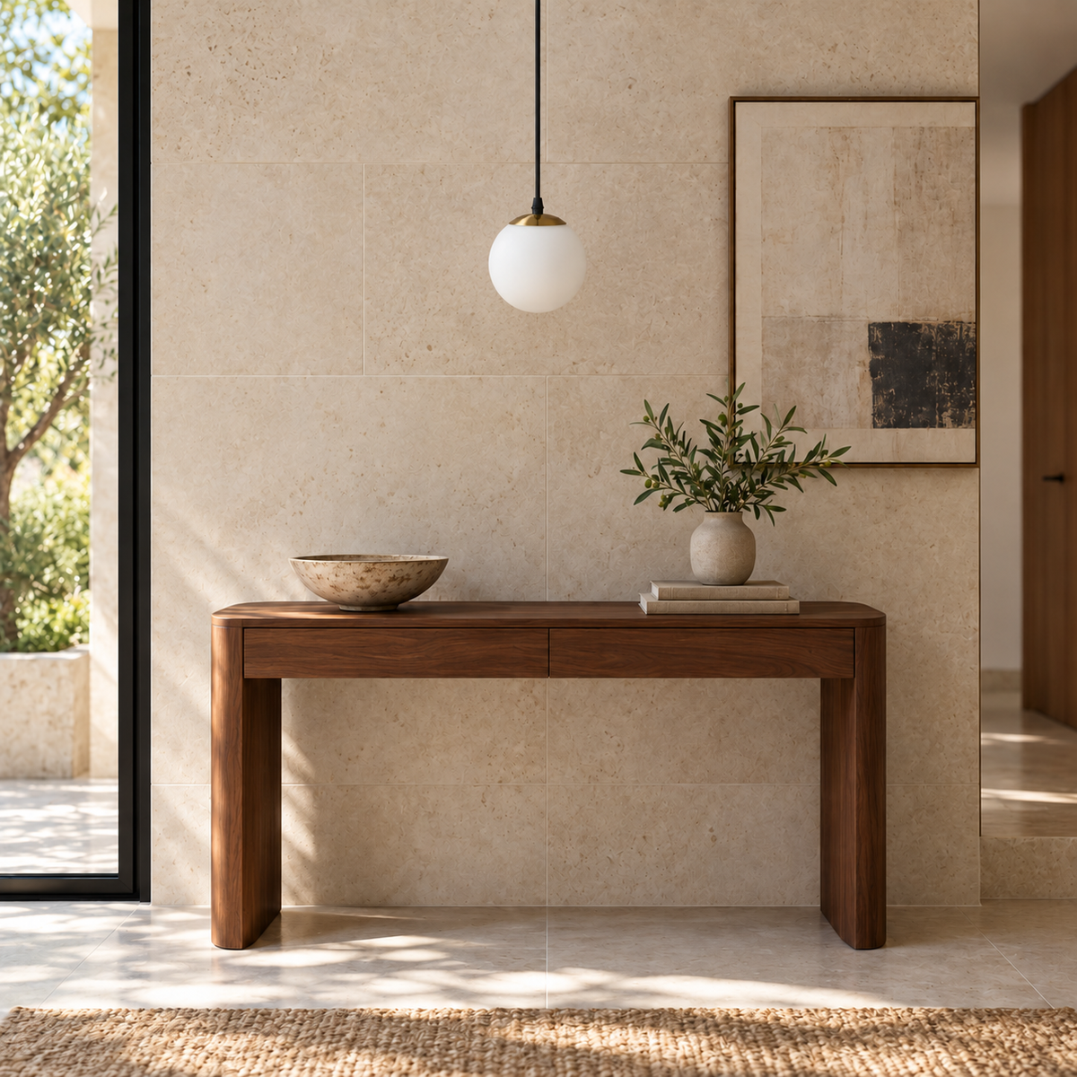 White Globe & Antique Brass-Tone Cap Pendant, unlit in a daytime interior