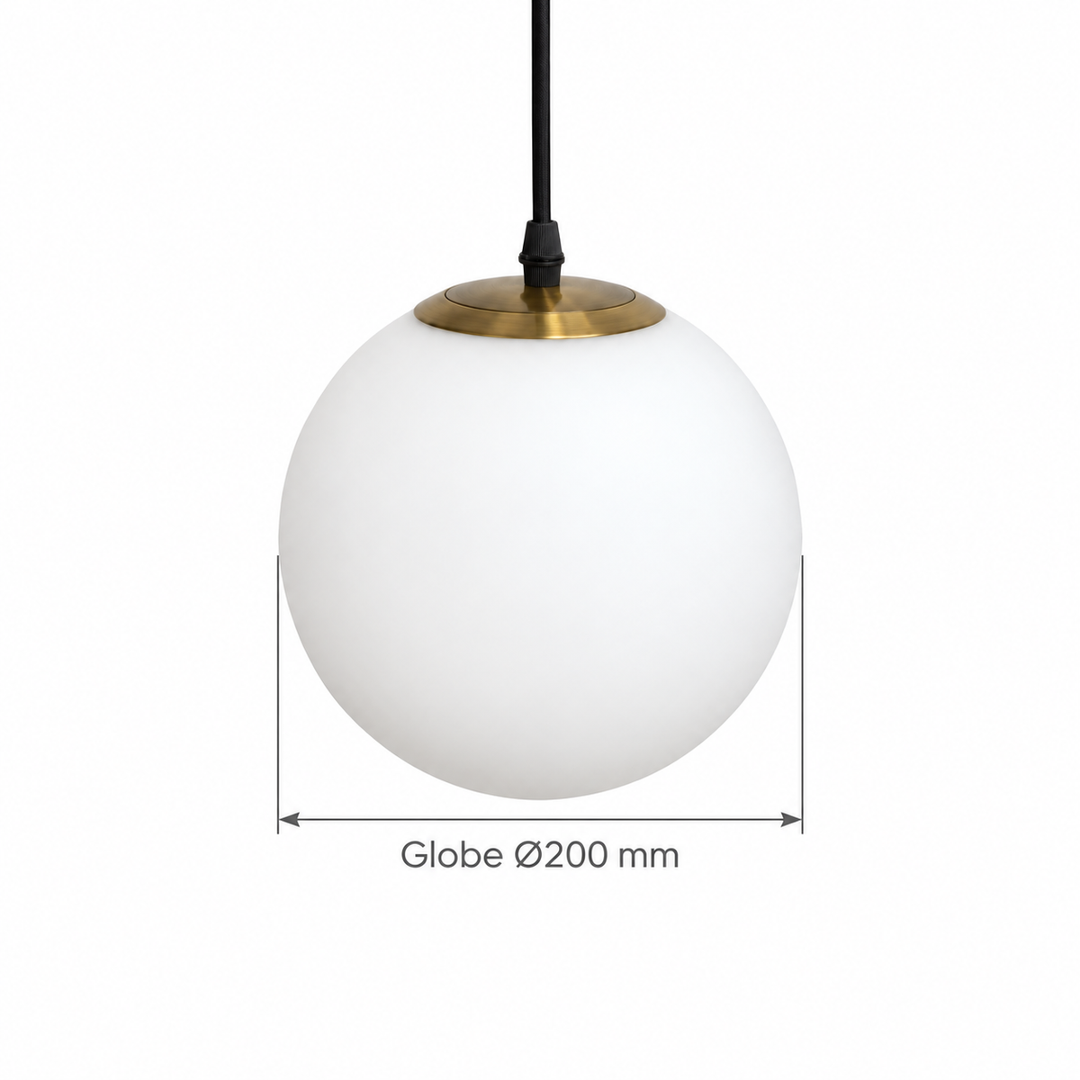 White Globe & Antique Brass-Tone Cap Pendant, dimension diagram; Globe diameter only: 200 mm. Overall height and suspension drop are not specified.