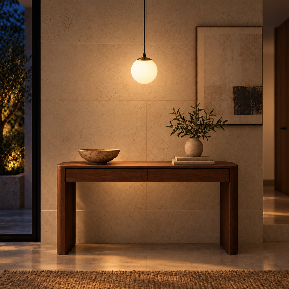 White Globe & Antique Brass-Tone Cap Pendant, illuminated in a nighttime interior