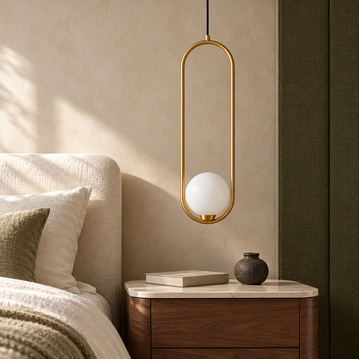 White Globe & Brass-Tone Capsule Pendant, unlit in a daytime interior