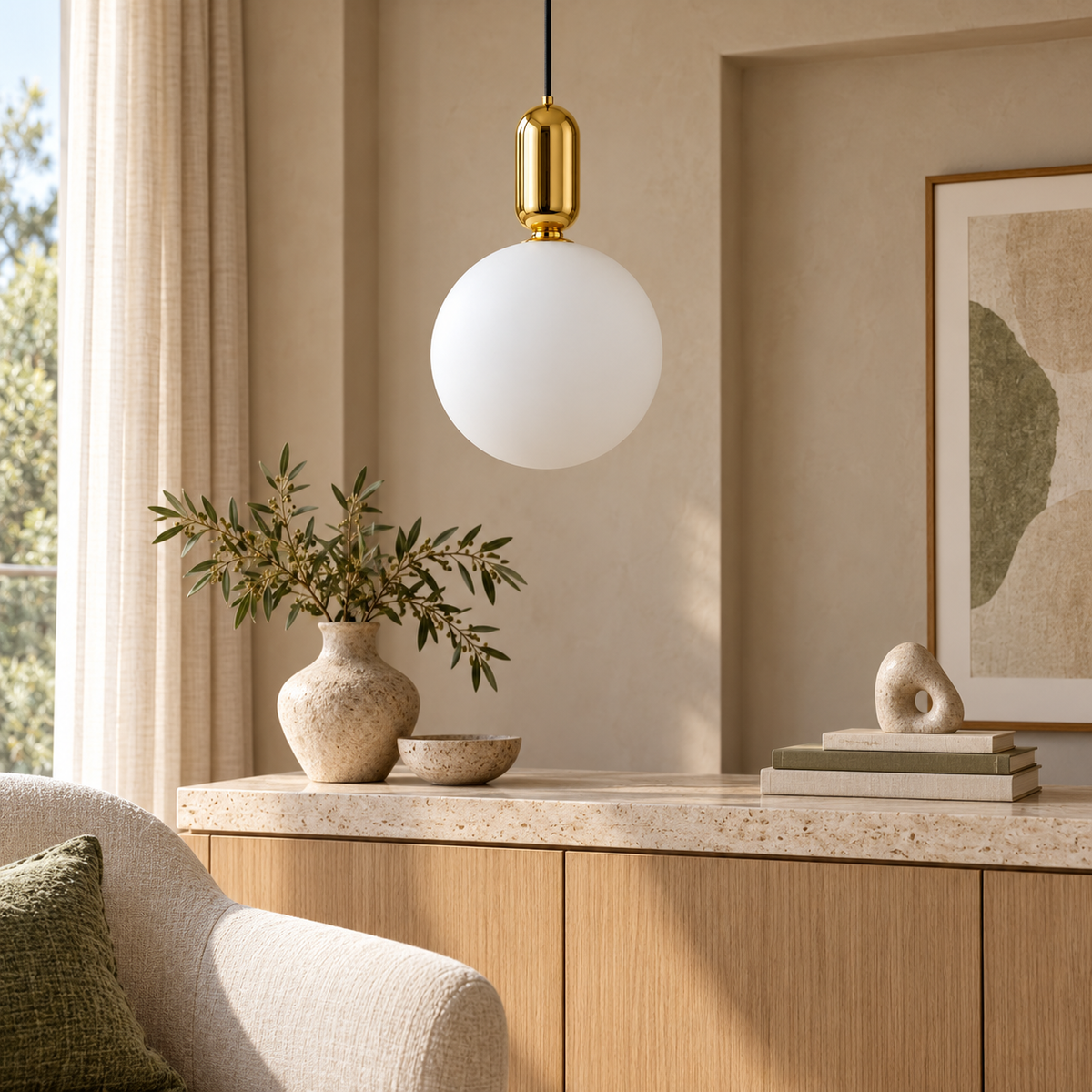 White Globe & Gold Capsule Pendant, unlit in a daytime interior