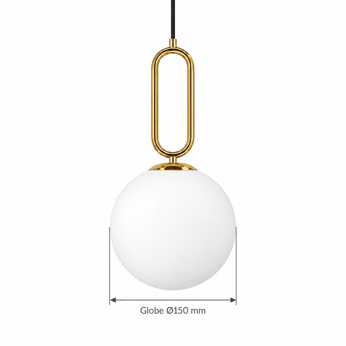 White Globe & Gold Loop Pendant, dimension diagram; Globe diameter only: 150 mm. Loop height, overall height and suspension drop are not specified.