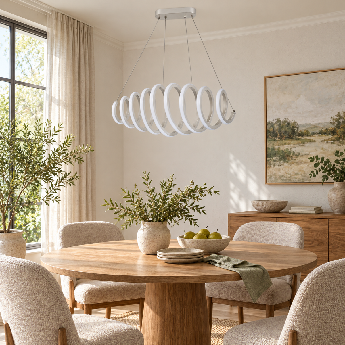 White Helix Ribbon Pendant, unlit in a daytime interior