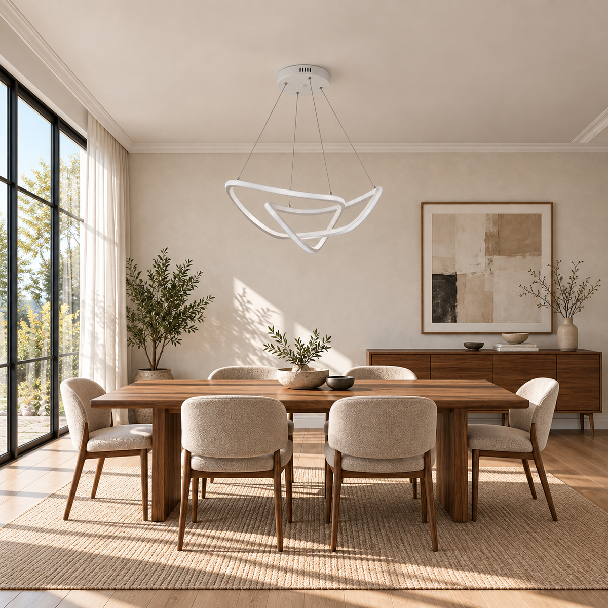 White Sweeping Ribbon Pendant, unlit in a daytime interior