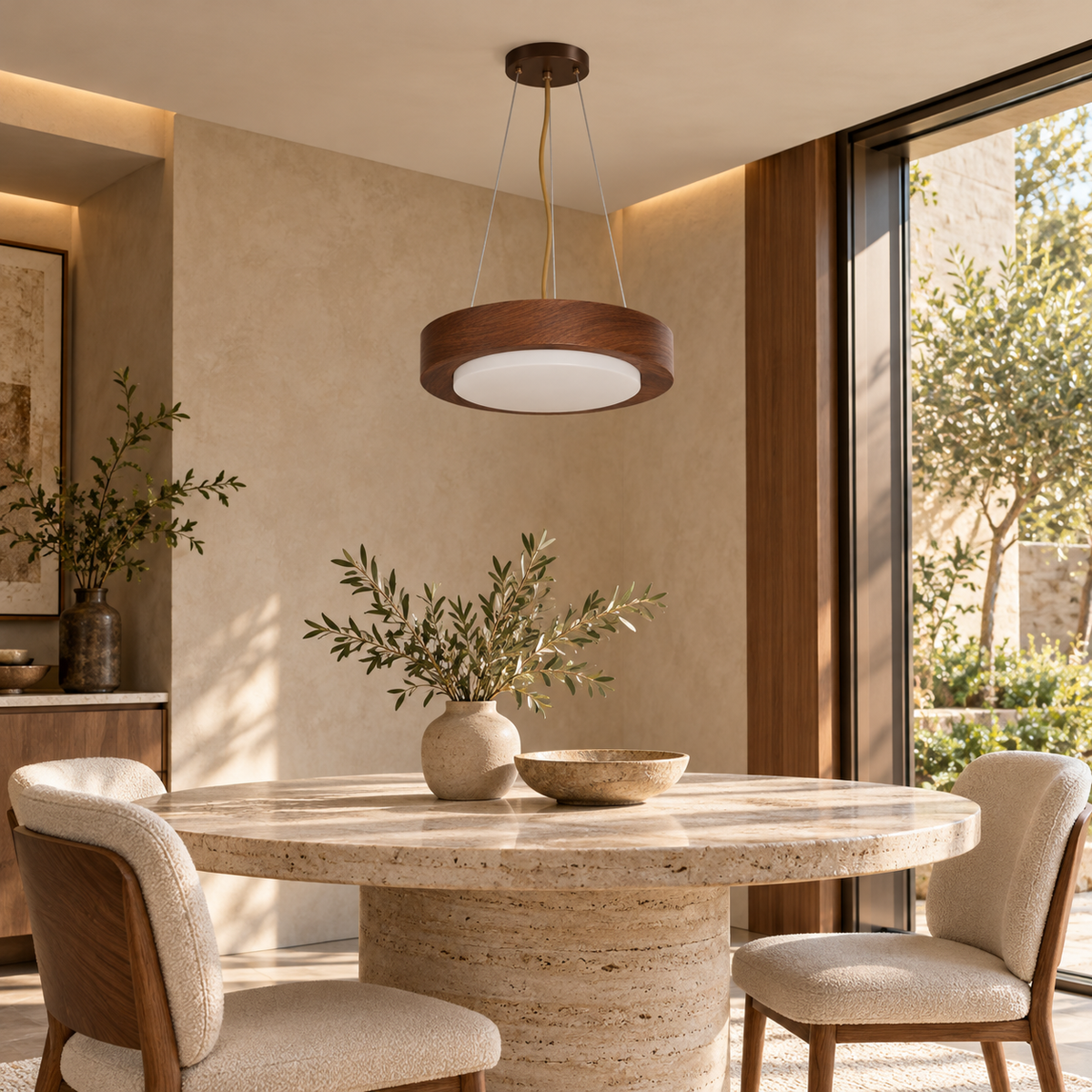 Wood-Grain Round Diffuser Pendant, unlit in a daytime interior
